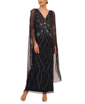 Women's Embellished V-Neck Cape Gown