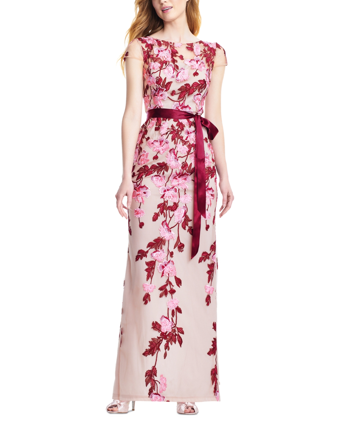 ADRIANNA PAPELL FLORAL-EMBROIDERED COLUMN GOWN