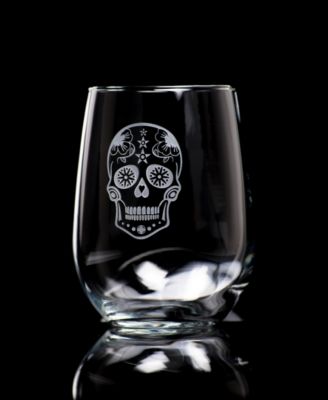 Sugar Skull Stemless Wine Tumbler 17oz - Set of 4 Glasses