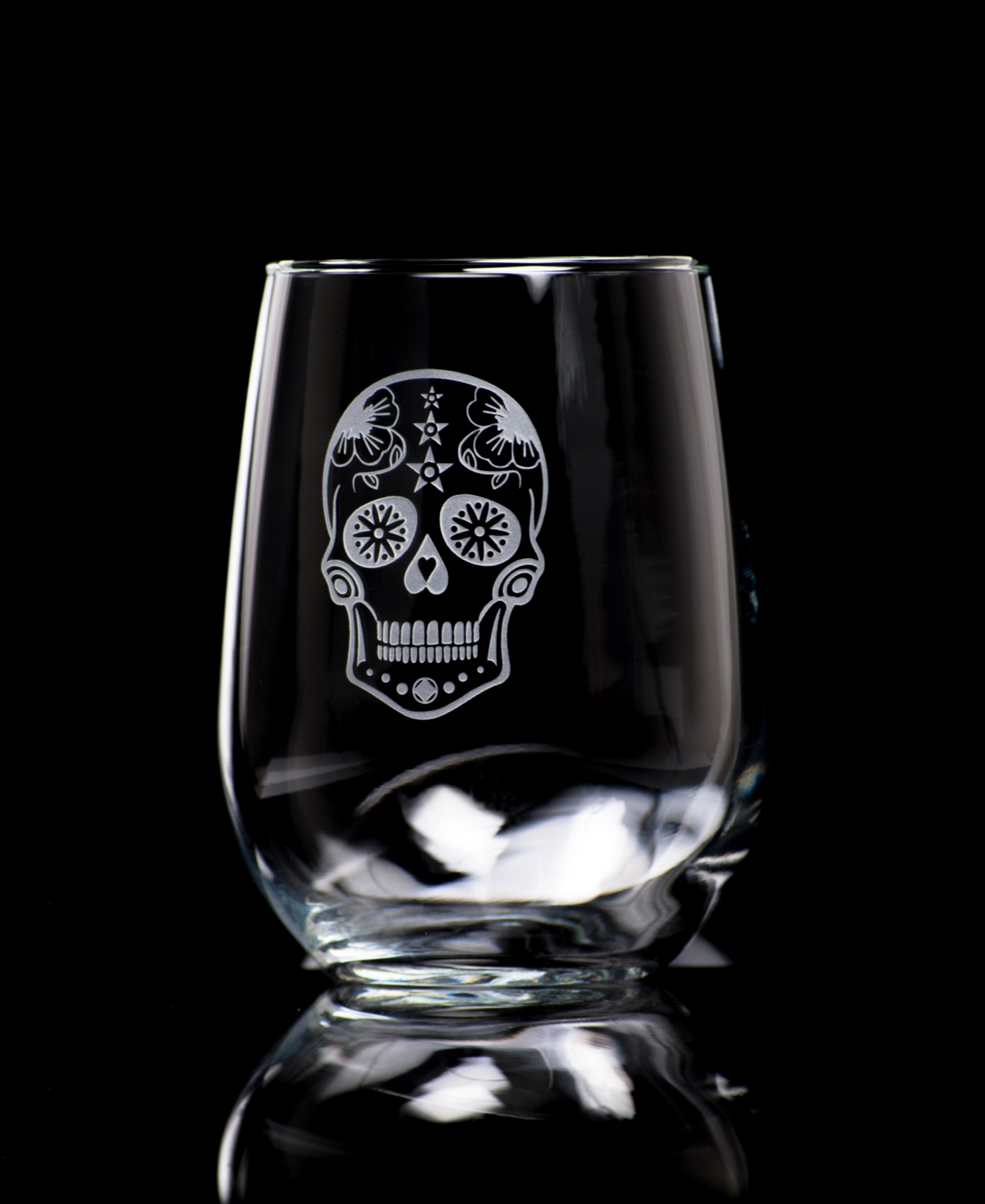 Rolf Glass Sugar Skull Stemless Wine Tumbler - Set of 4 Glasses