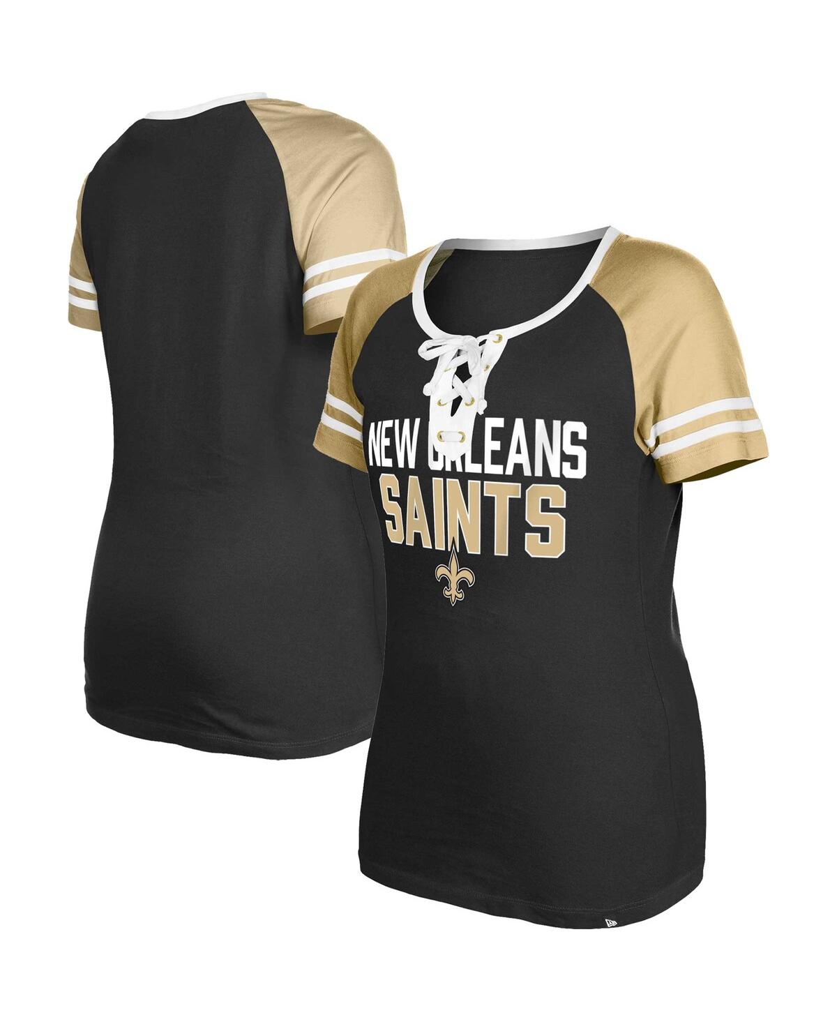 NEW ERA WOMEN'S NEW ERA BLACK NEW ORLEANS SAINTS RAGLAN LACE-UP T-SHIRT 