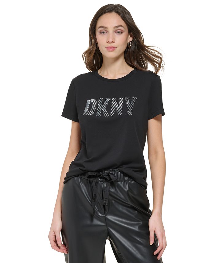DKNY Women's Diagonal-Gem Short-Sleeve Logo Tee - Macy's
