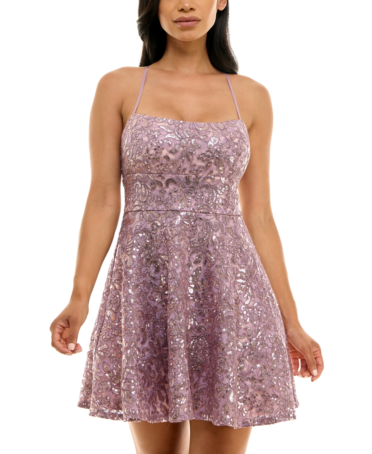 Juniors' Sequined Lace Fit & Flare Dress - Mauve