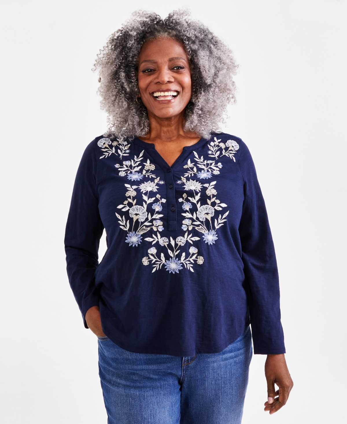 Style & Co Plus Size Embroidered Knit Top, Created For Macy's In Winter Blue