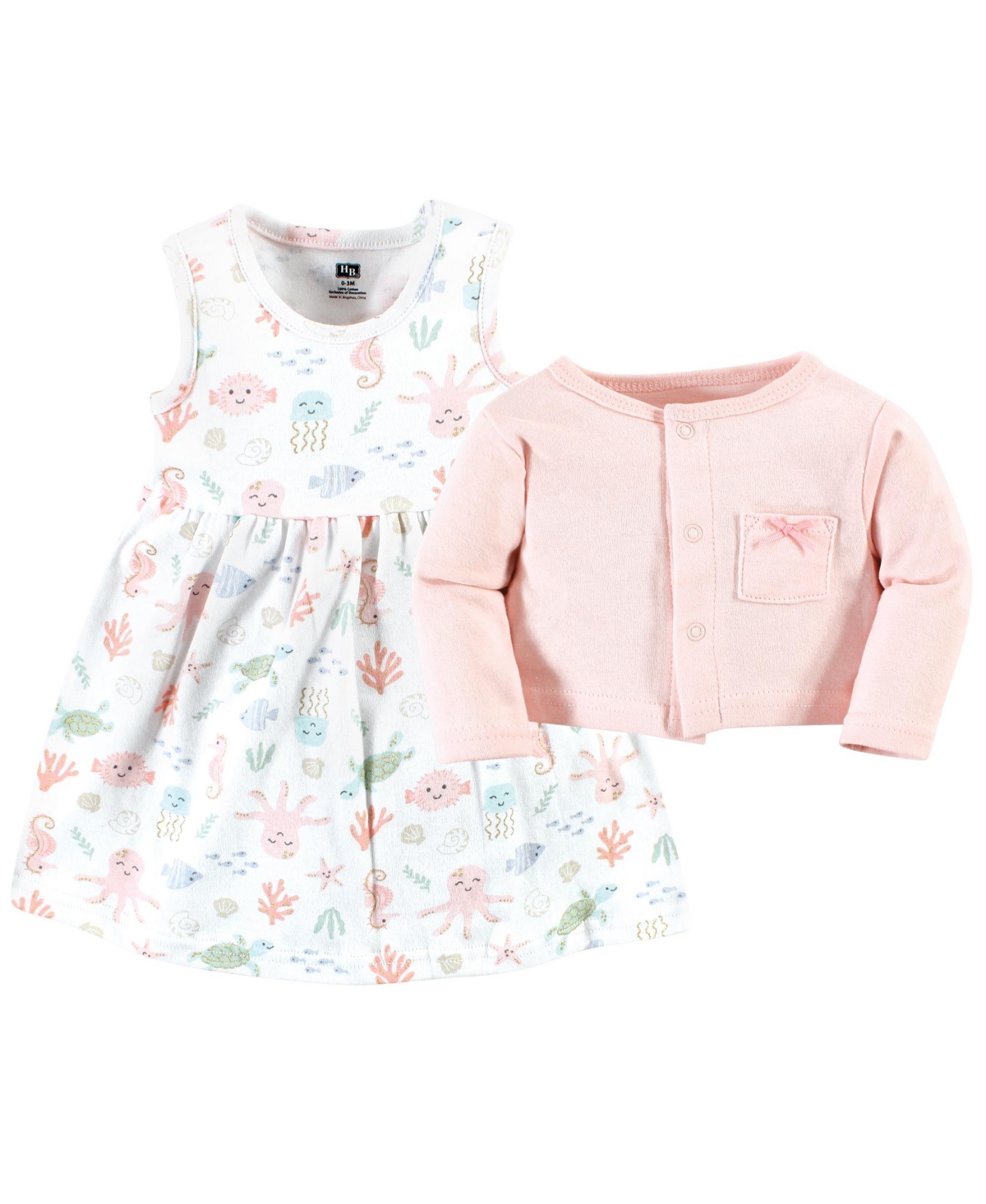 Hudson Baby Toddler Girls Cotton Dress and Cardigan Set, Pastel Sea