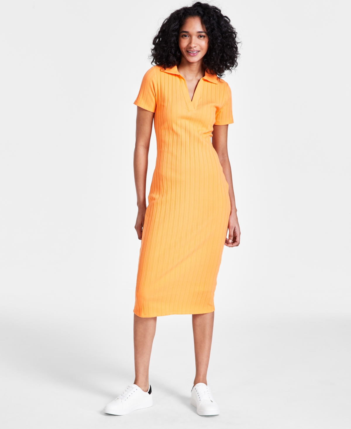 Bar Iii Women's Ribbed Midi Dress, Created For Macy's In Island Orange