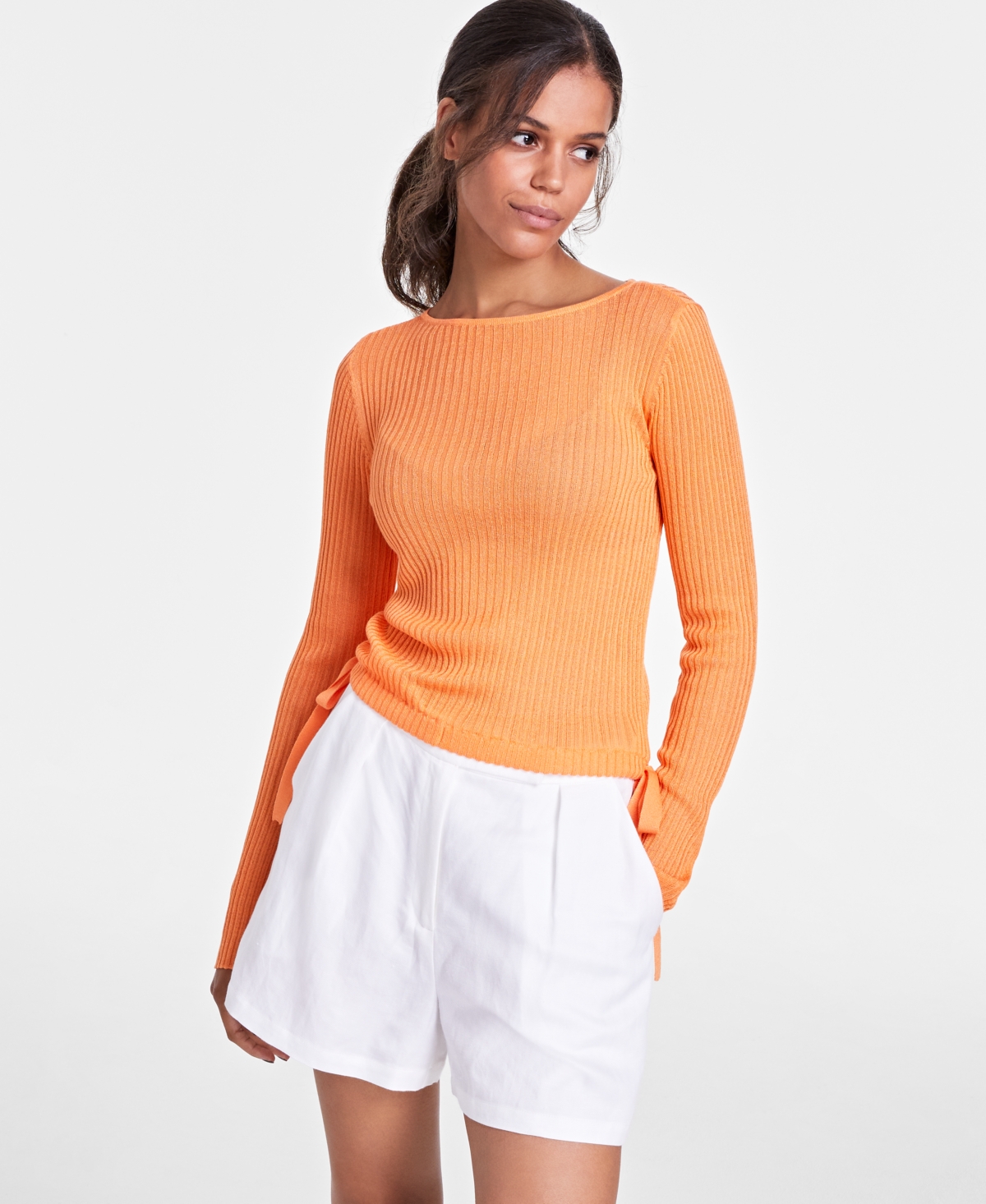 Bar Iii Women's Ribbed Tie-hem Sweater, Created For Macy's In Island Orange