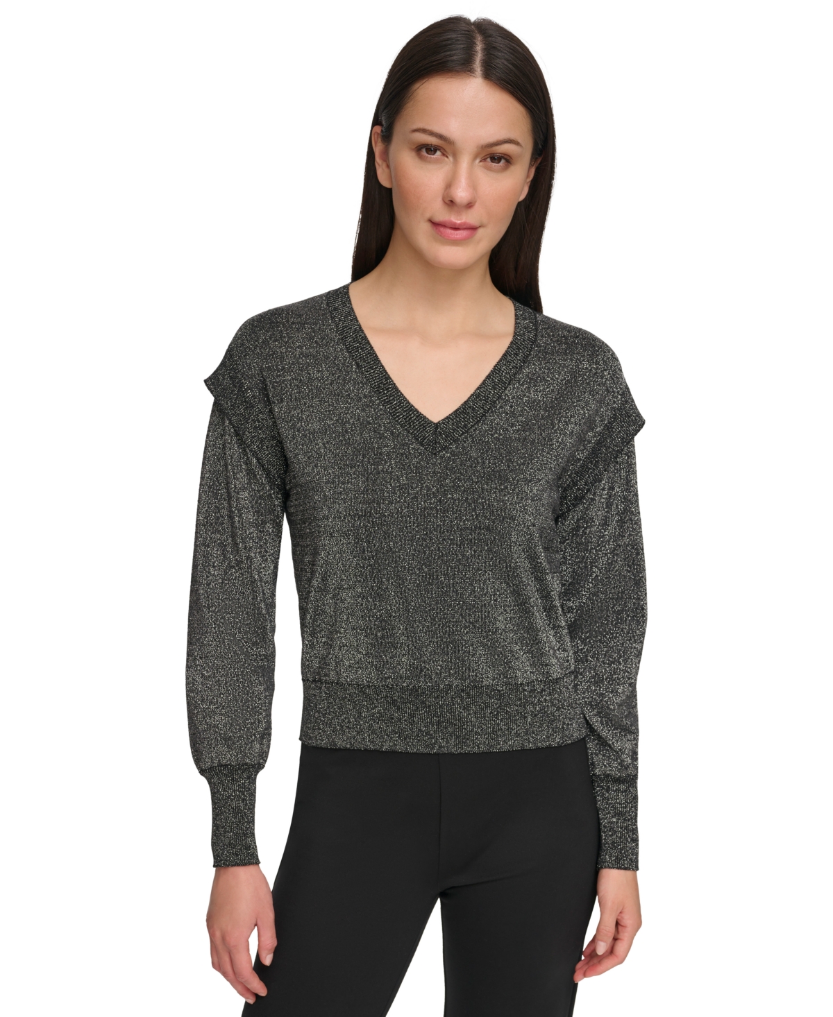 Dkny Women's Lurex Shawl-shoulder Ribbed Sweater In Black