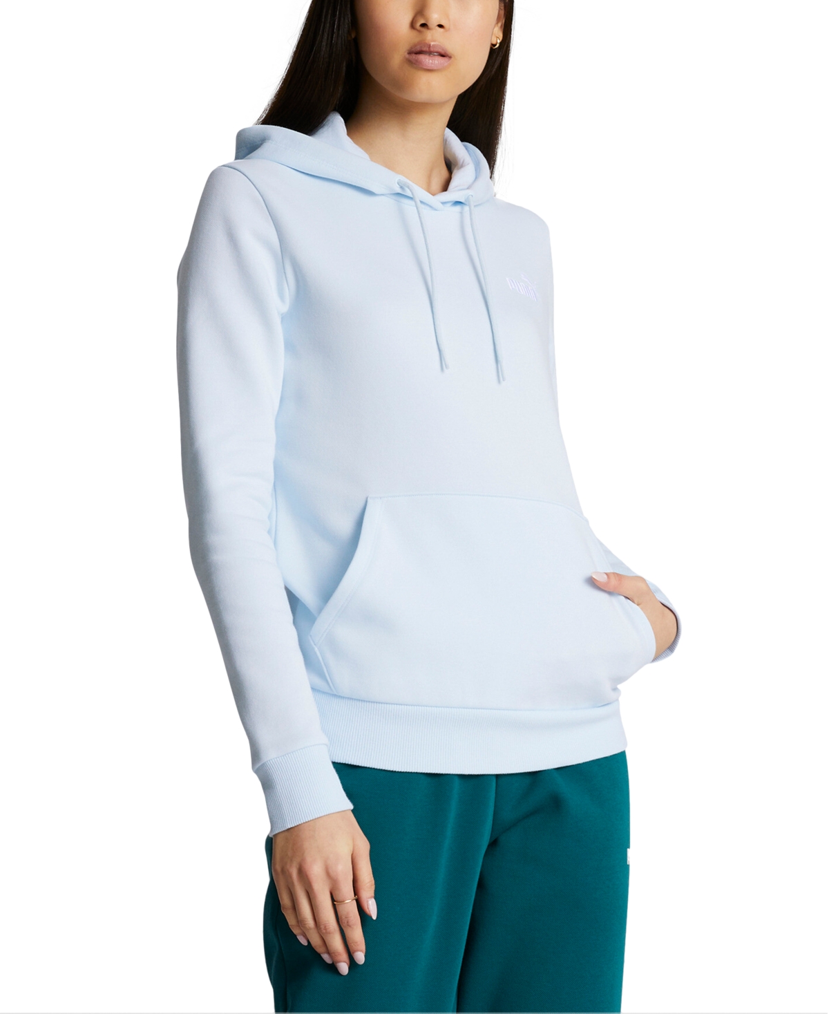 Puma Women's Essentials Embroidered Hooded Fleece Sweatshirt In Icy Blue