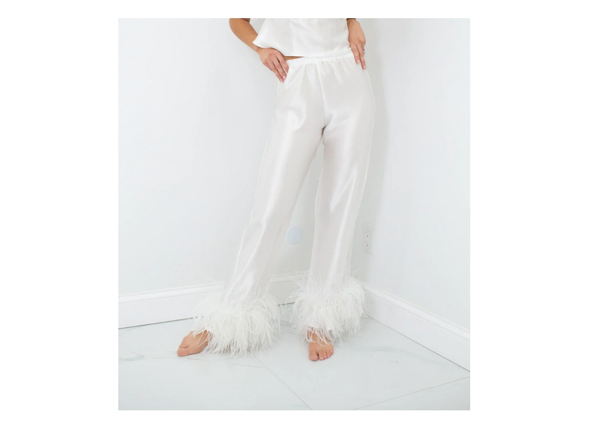 Women's Silk Pant - Ostrich Feather Trim Hem - Silk Collection - Dove white