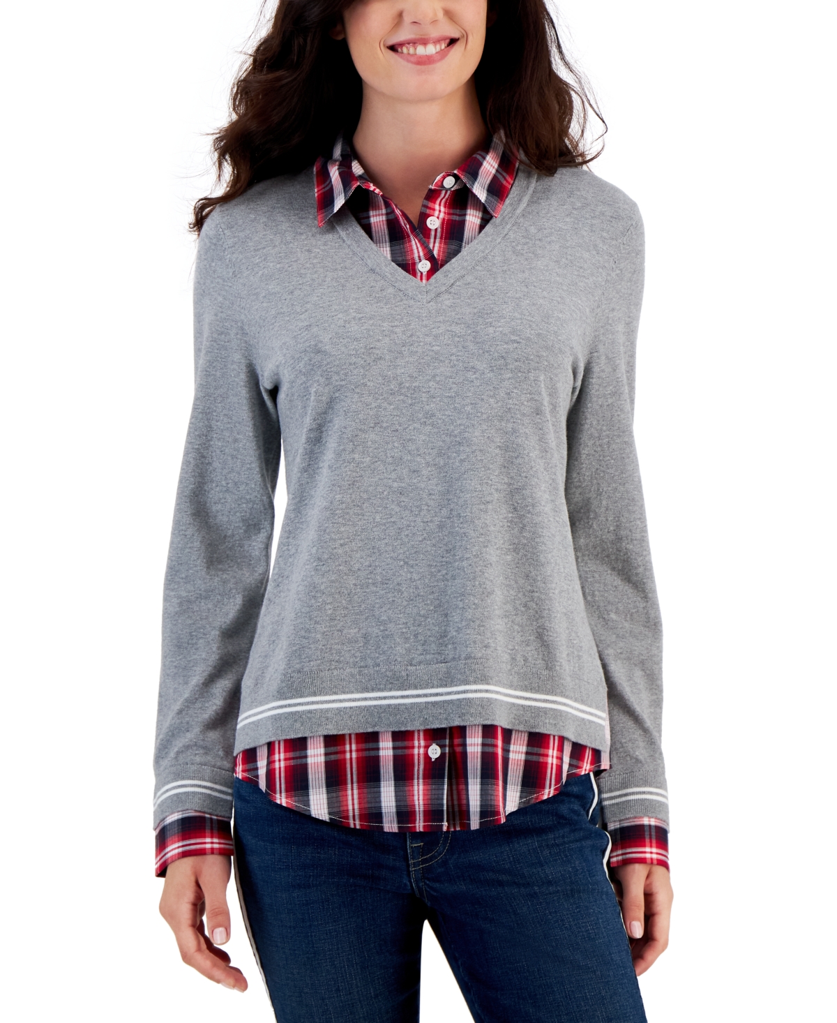 Women's Layered-Look V-Neck Sweater - Medium Heather Grey/ Ivory/ White Multi