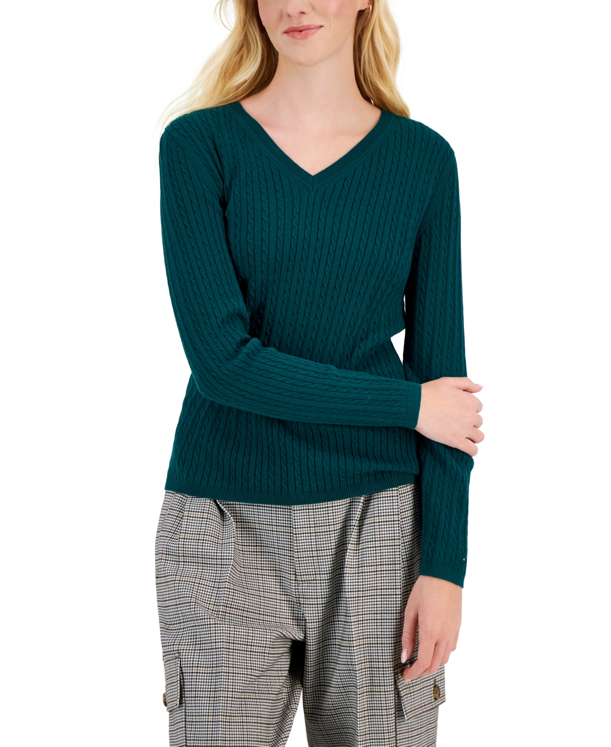 Women's Cotton Cable Ivy V-Neck Sweater - Forest