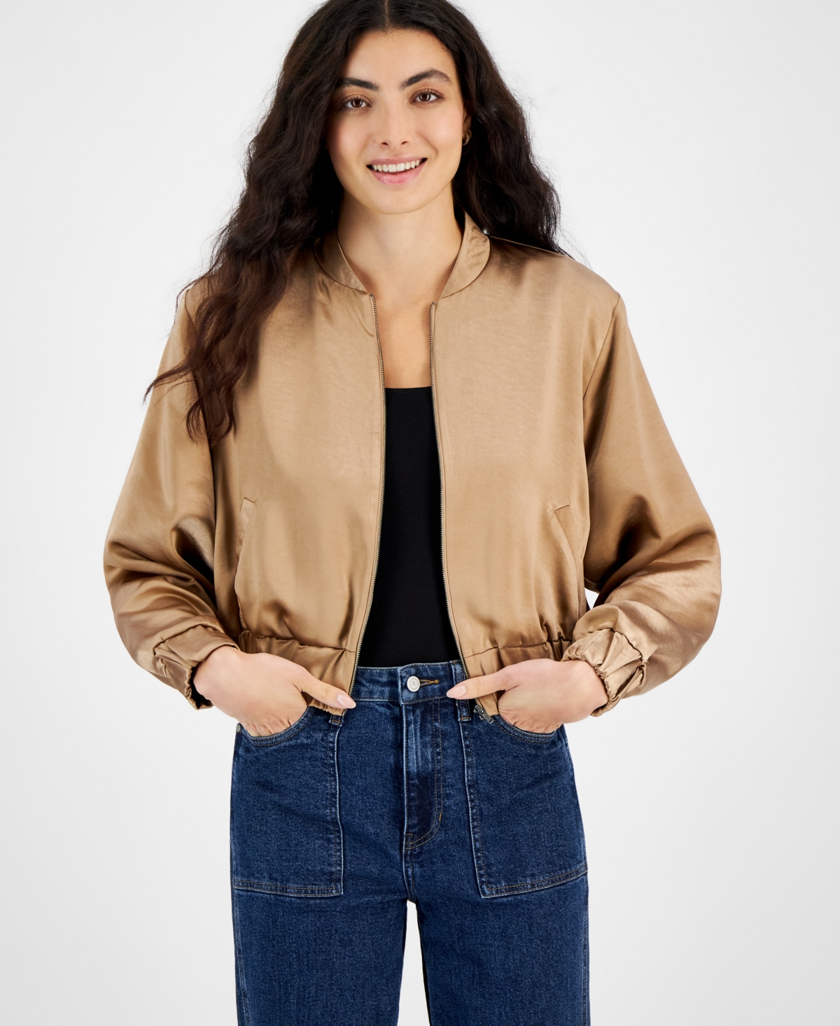 And Now This Women's Satin Bomber Jacket In Almond