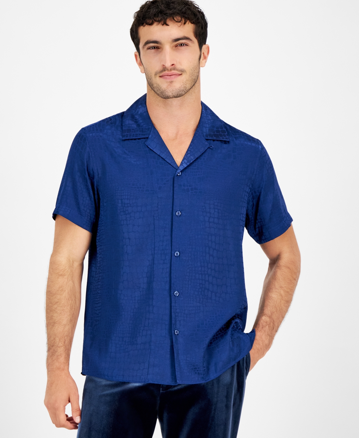 Inc International Concepts Men's Snake Skin Shirt Sleeve Button-front Satin Shirt, Created For Macy's In Blazing Navy