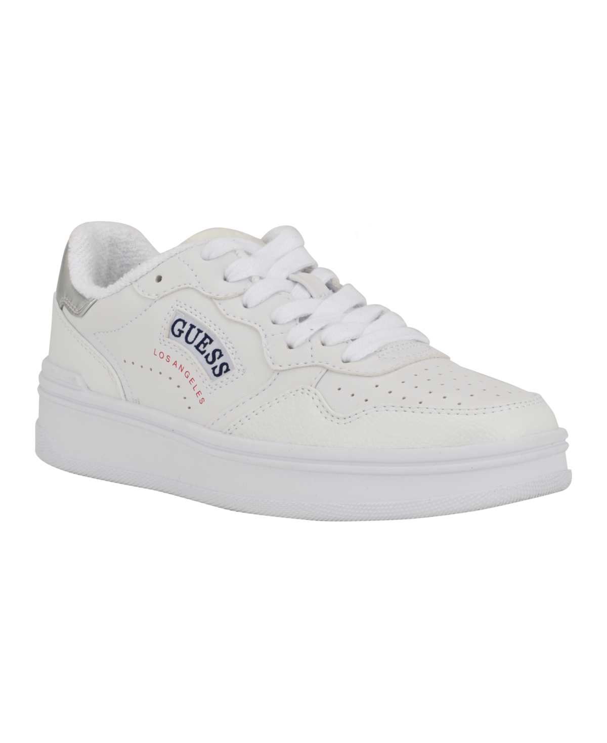 Guess Women's Sybela Lace Up Round Toe Causal Sneakers In White Faux Leather And Manmade