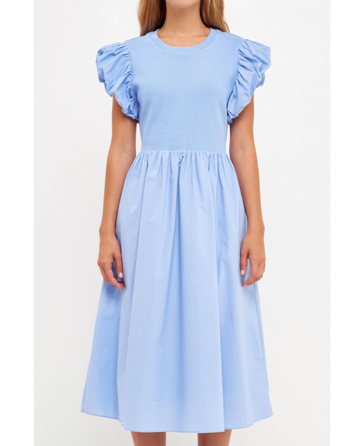ENGLISH FACTORY WOMEN'S PUFF SLEEVE MIXED MEDIA DRESS