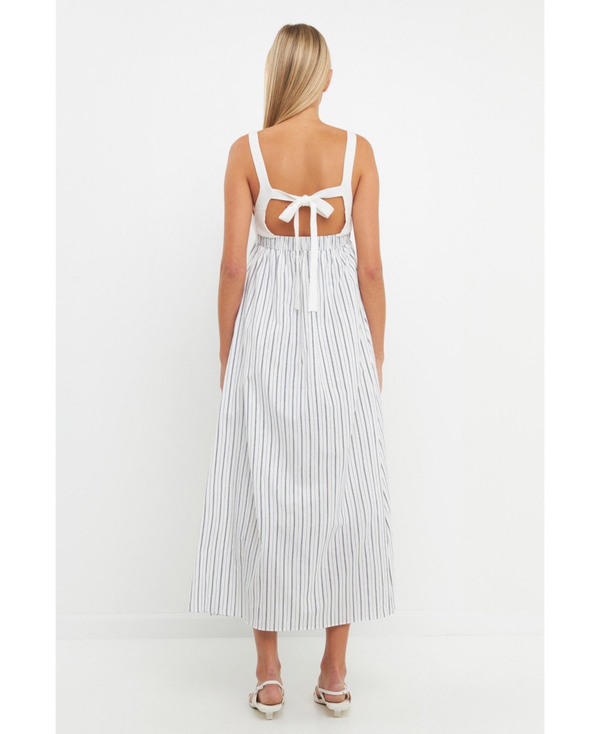 English Factory Women's Tie Back Knit Combo Striped Maxi Dress -navy