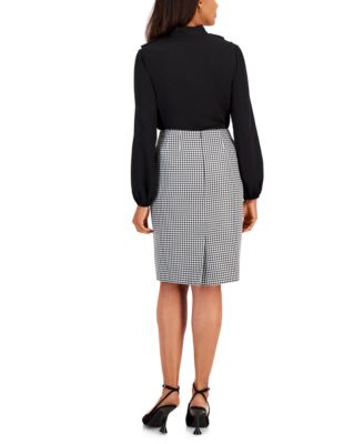Kasper Womens Ruffled Collar Tie Front Blouse Houndstooth Pencil Skirt In Gray