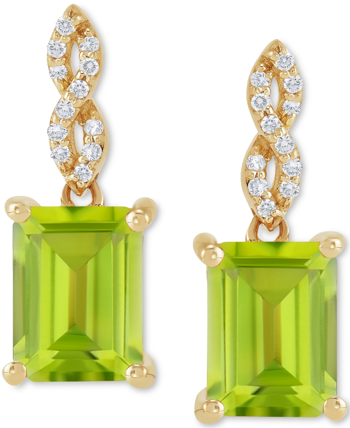 (3-1/5 ct. t.w.) & Diamond (1/10 ct. t.w.) Cushion Drop Earrings in 14k Gold - Peridot