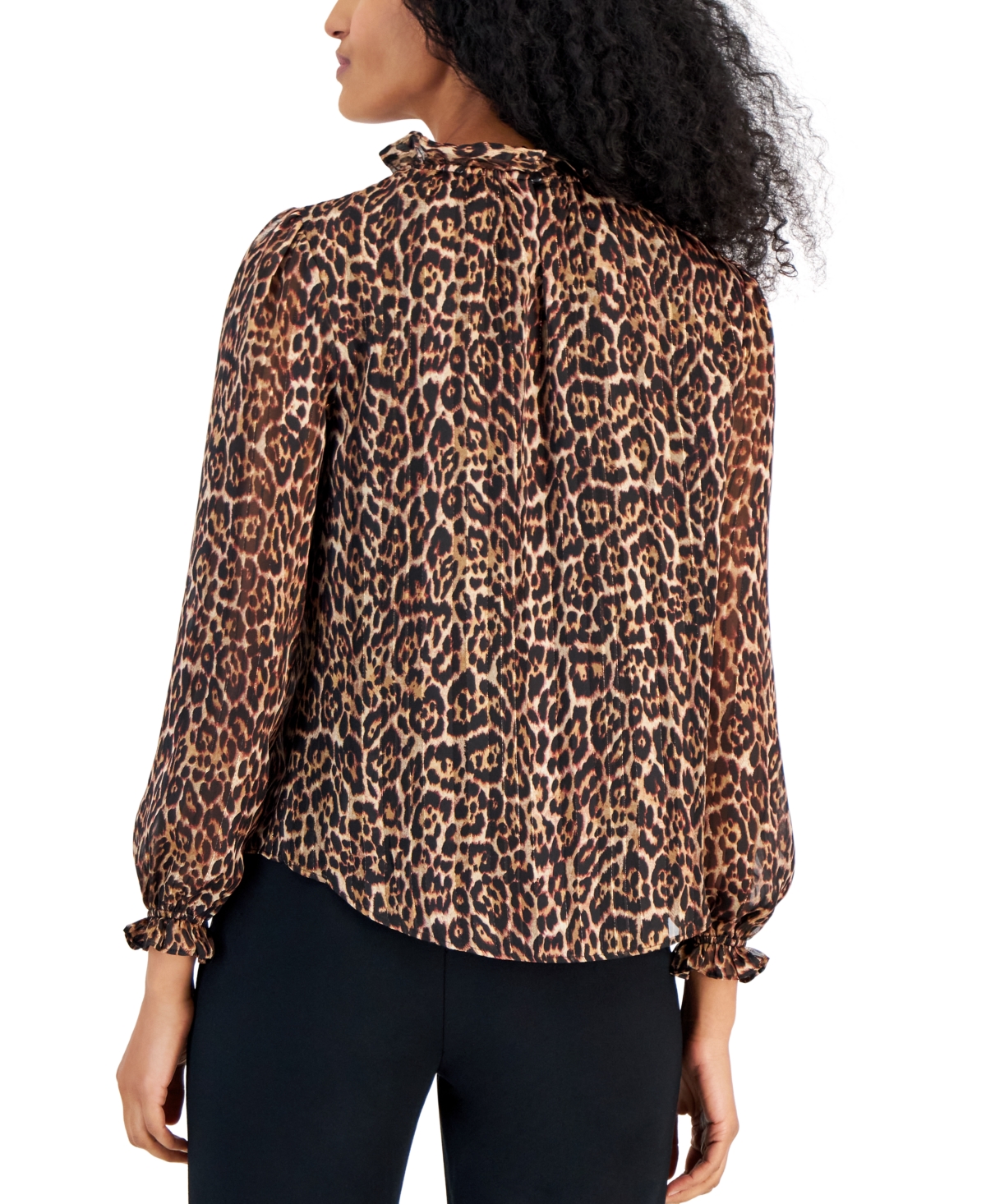 Shop Anne Klein Women's Animal-print Ruffled-neck Keyhole-back Blouse In Light Coffee,vicuna Multi