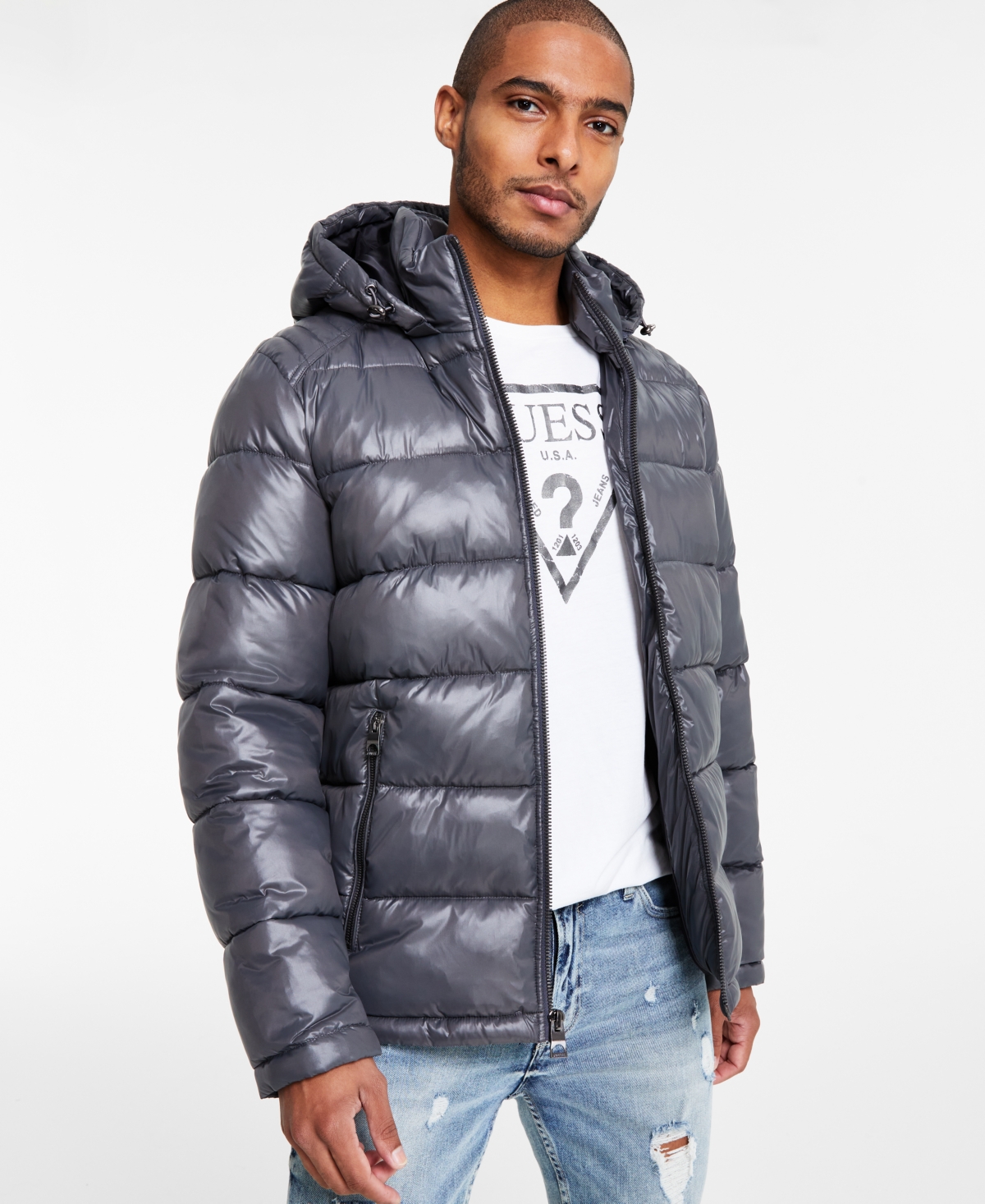 Guess men's hooded peacoat black top