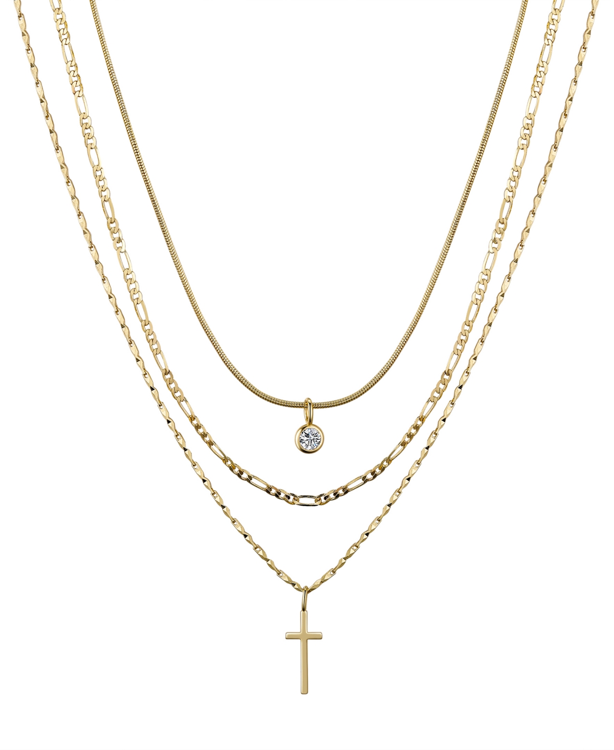 Unwritten Cubic Zirconia Bezel And 14k Gold Plated Cross Pendant Layered Necklace Set, 3 Pieces