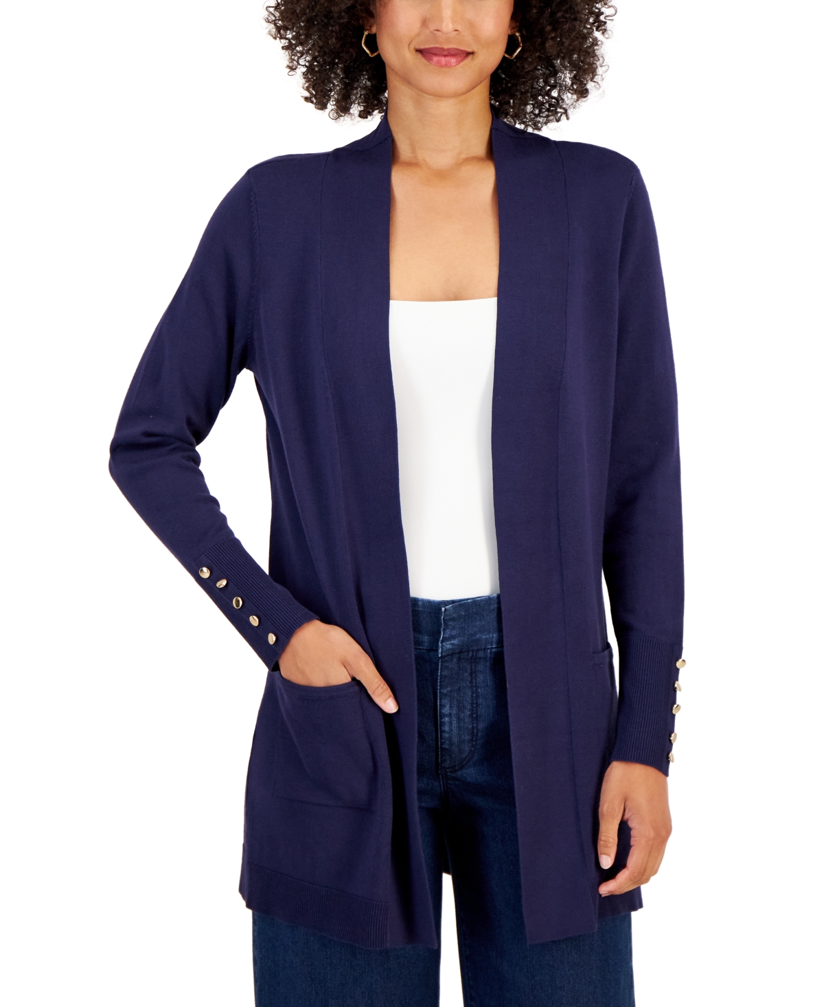 Jm Collection Petite Open-front Button-cuff Cardigan, Created For Macy's In Intrepid Blue