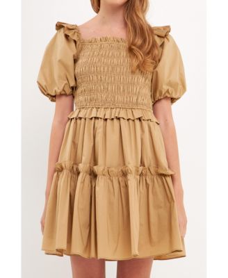 English Factory Women's Poplin Smocked Ruffled Puff Sleeve Mini - Macy's
