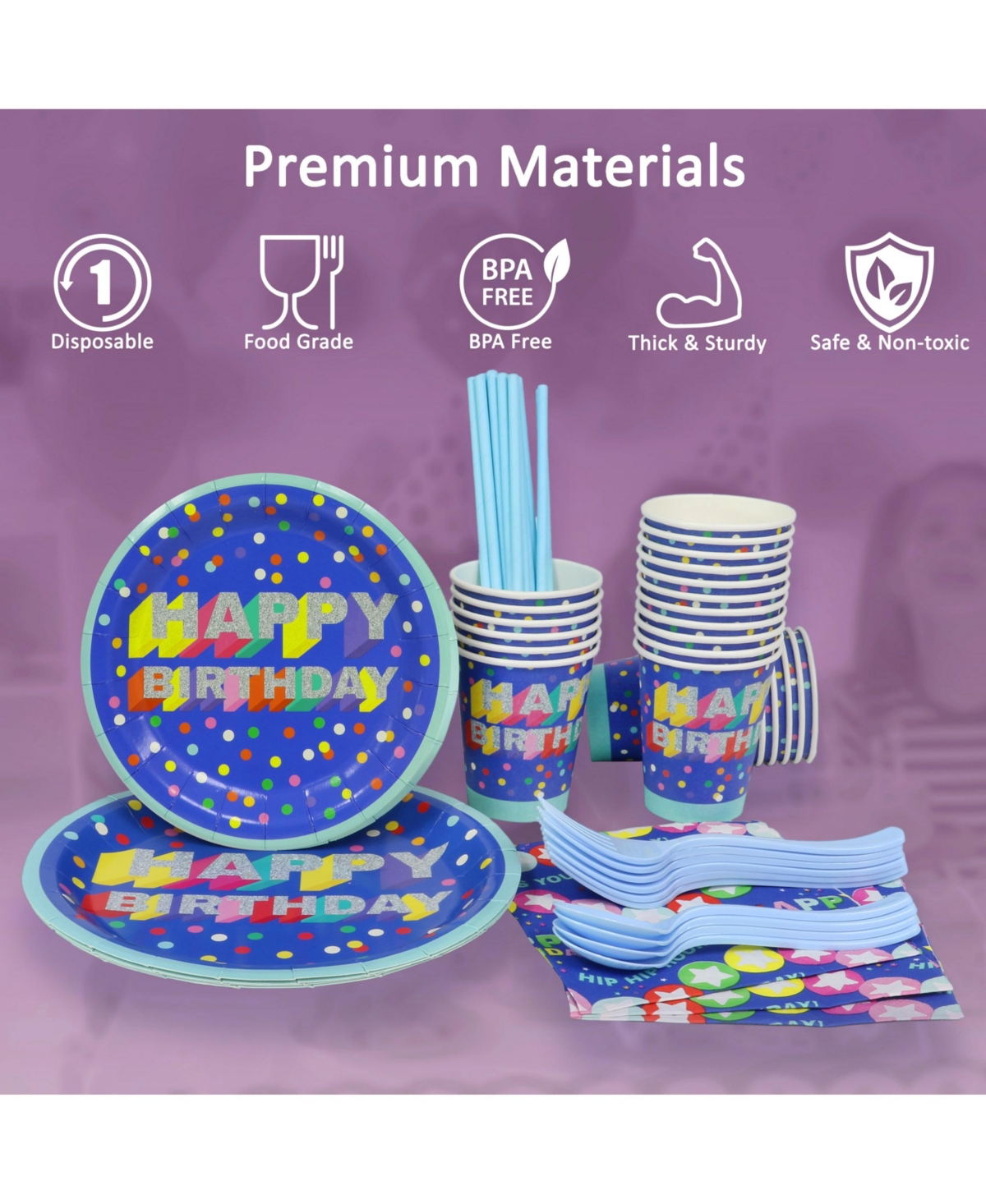 Shop Puleo Disposable Birthday Party Set, Serves 24, With Large And Small Paper Plates, Paper Cups, Straws, Nap In Blue