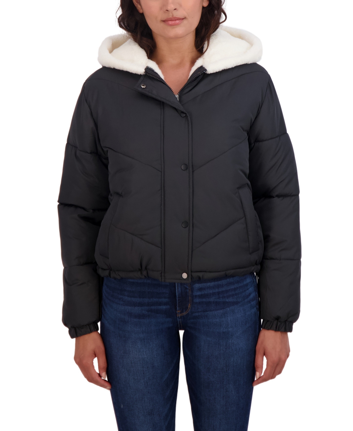Juniors' Faux Fur Lined Puffer Jacket with Hood - Black