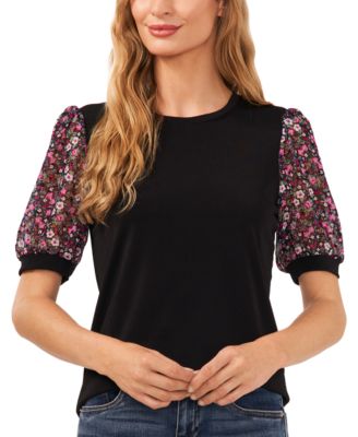 CeCe - Women's Mixed-Media Puff-Sleeve Top