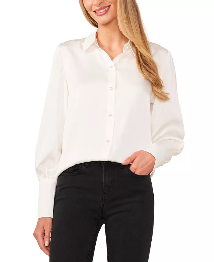 Women's Luxe Satin Imitation Pearl Button Down Blouse
