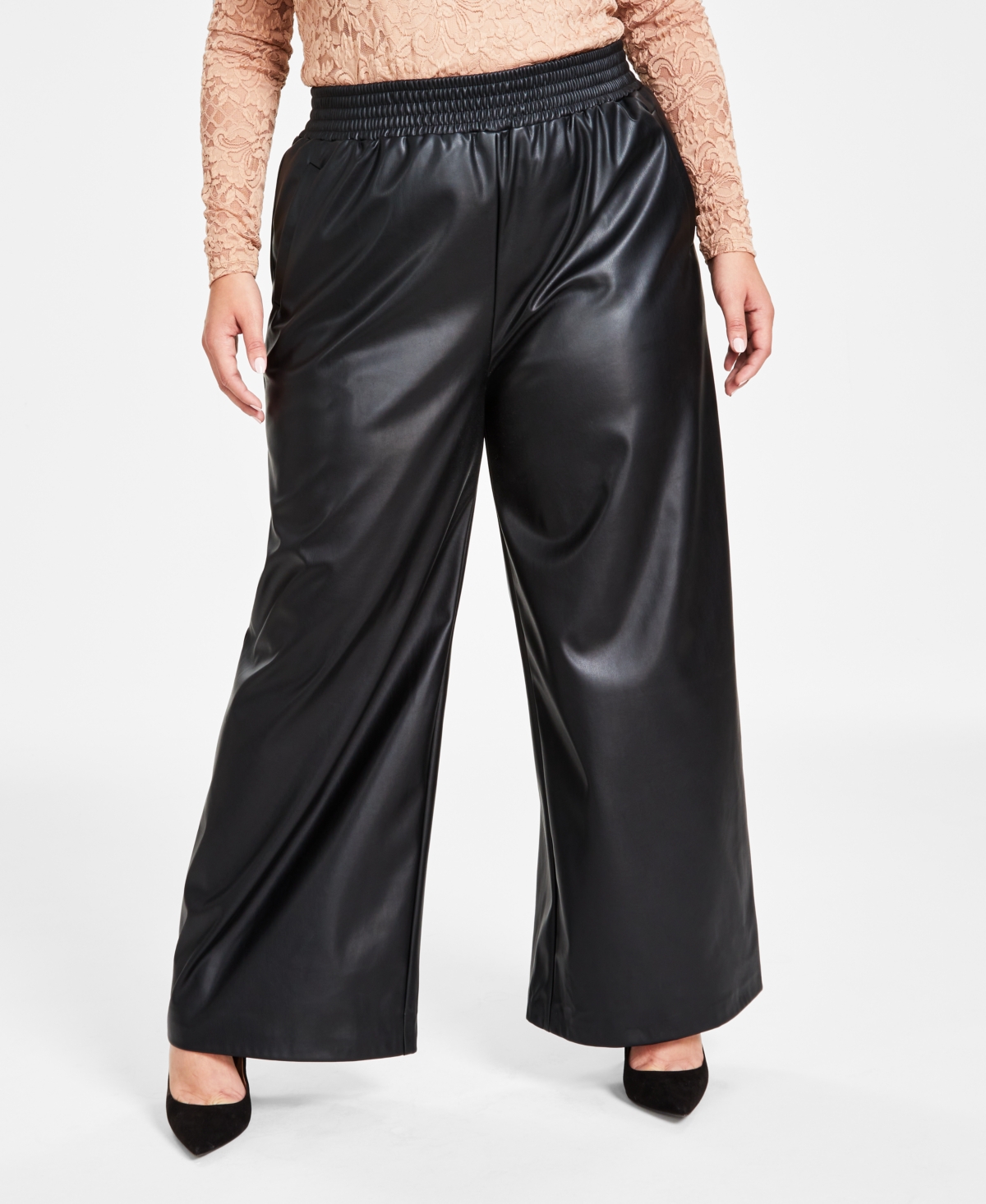 Bar Iii Plus Size Faux-leather Wide-leg Pants, Created For Macy's In Deep Black
