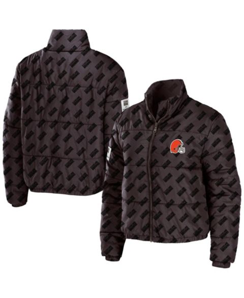 Женские куртки WEAR by Erin Andrews Women's Brown Cleveland Browns Puffer Full-Zip Cropped Jacket