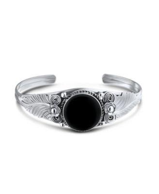 Nature Leaf Flowers Round Cabochon Statement Black Natural Onyx Or Blue Turquoise Wide Cuff Bracelet Sterling Silver
