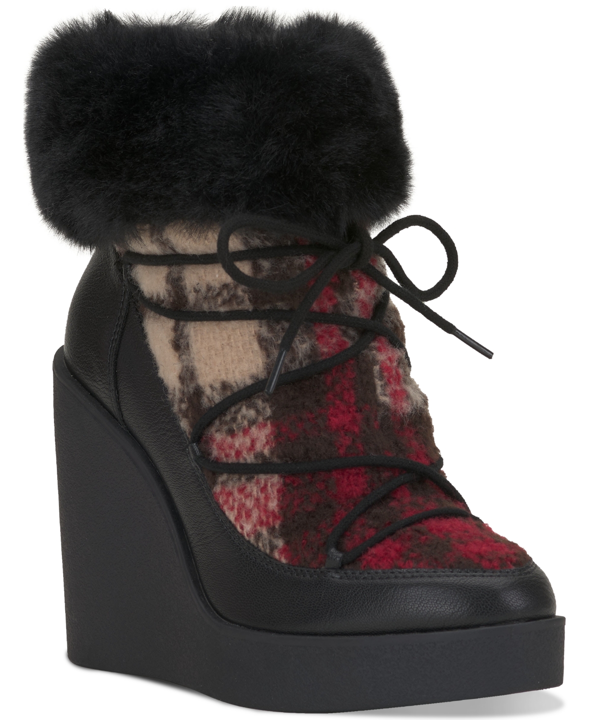 Myina Wedge Ankle Booties - Black Faux Leather/textile