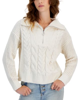 Juniors' Chenille Collared Quarter-Zip Cable-Knit Sweater