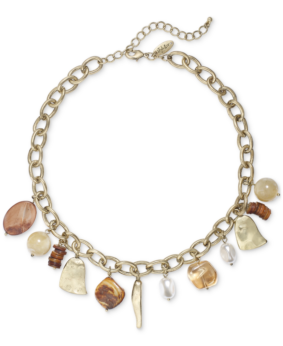 Style & Co Mixed-metal Beaded Charm Necklace, 17" + 3" Extender, Created For Macy's In Brown