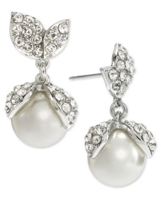 Charter Club - Silver-Tone Pav&eacute; & Imitation Pearl Drop Earrings