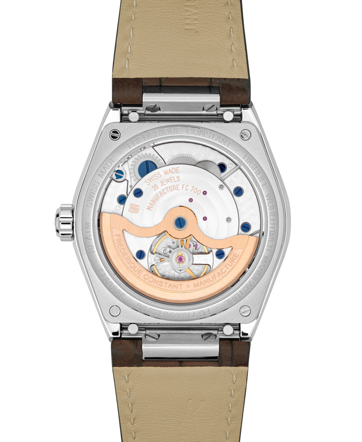 Frederique Constant Men's Swiss Automatic Highlife Worldtimer Manufacture Brown Leather Strap Watch 41mm