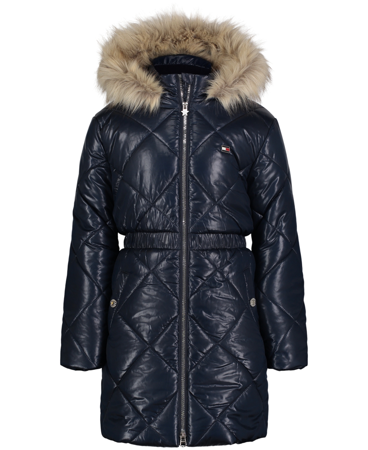 Tommy Hilfiger Big Girls Diamond Quilt Long Hooded Puffer Jacket In Navy
