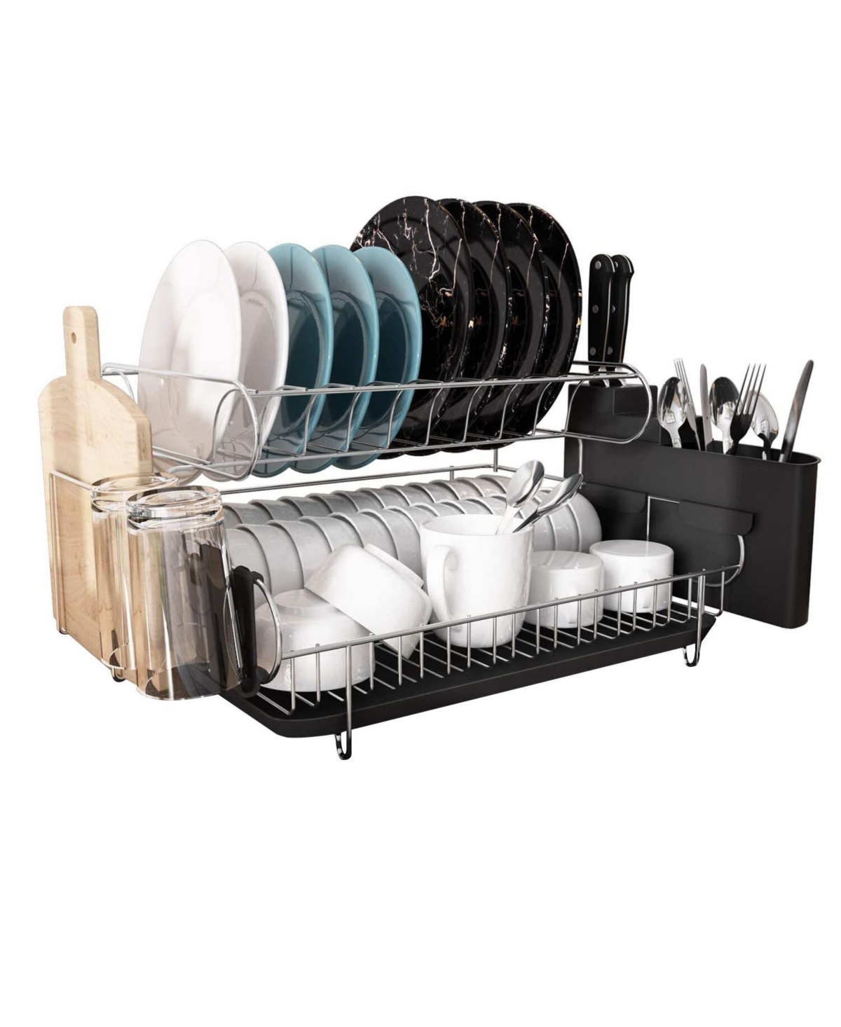 Double Tier Stainless Steel Dish Rack With Drainboard Set And Utensil Holder - Black
