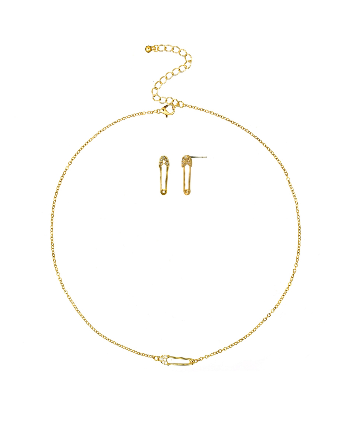 Pave Safety Pin Necklace And Earring Set - Gold