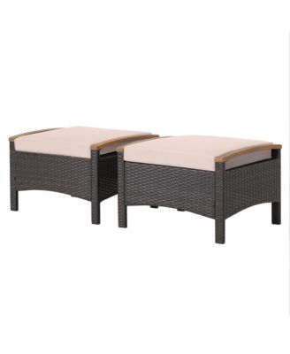 Costway - Set of 2 Patio Rattan Ottoman Footrest Cushions Wooden Handle Beige