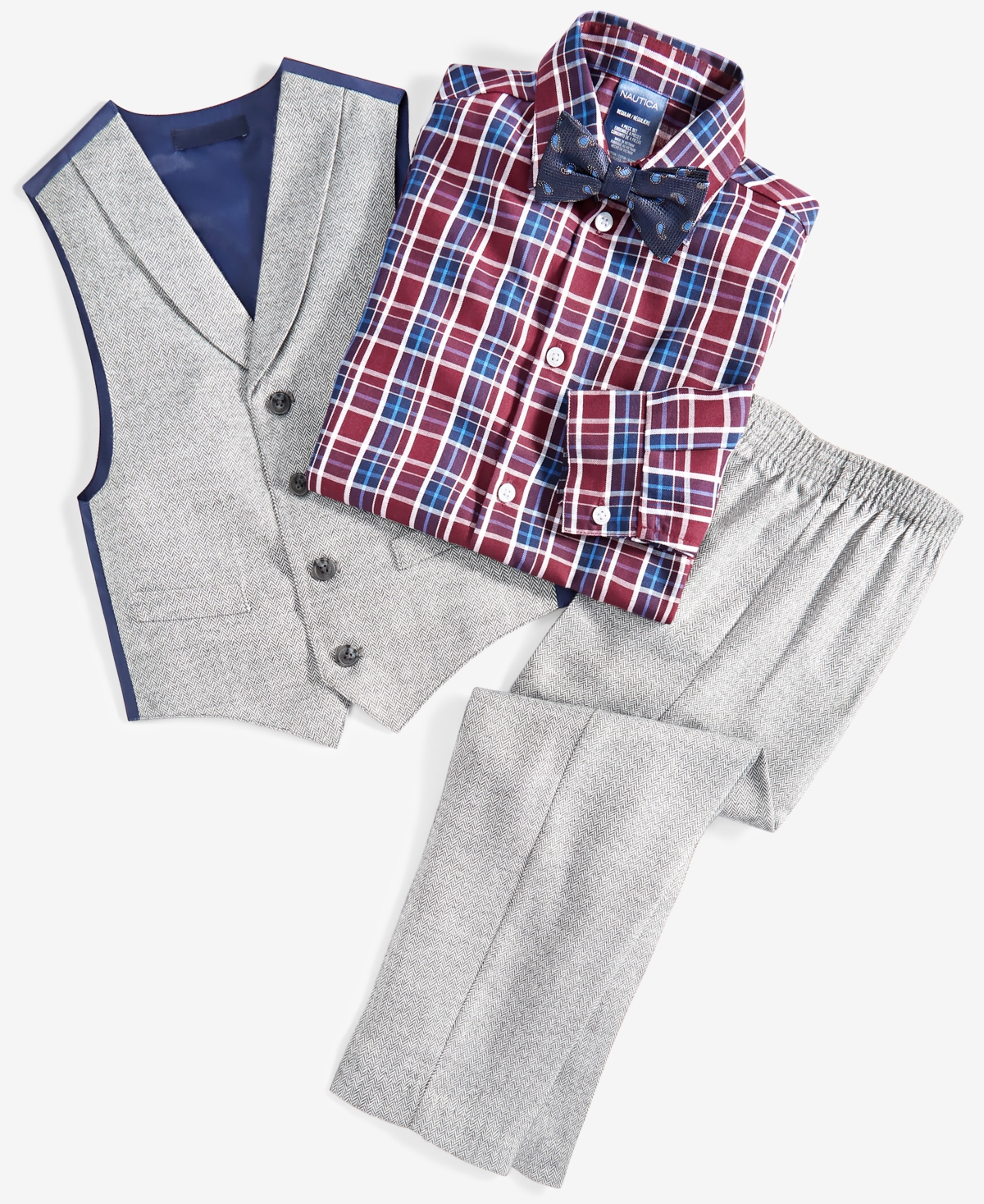 Shop Nautica Little Boys 4-pc. Patterned Shirt, Brushed Herringbone Vest, Pants & Bow Tie Set In Gray