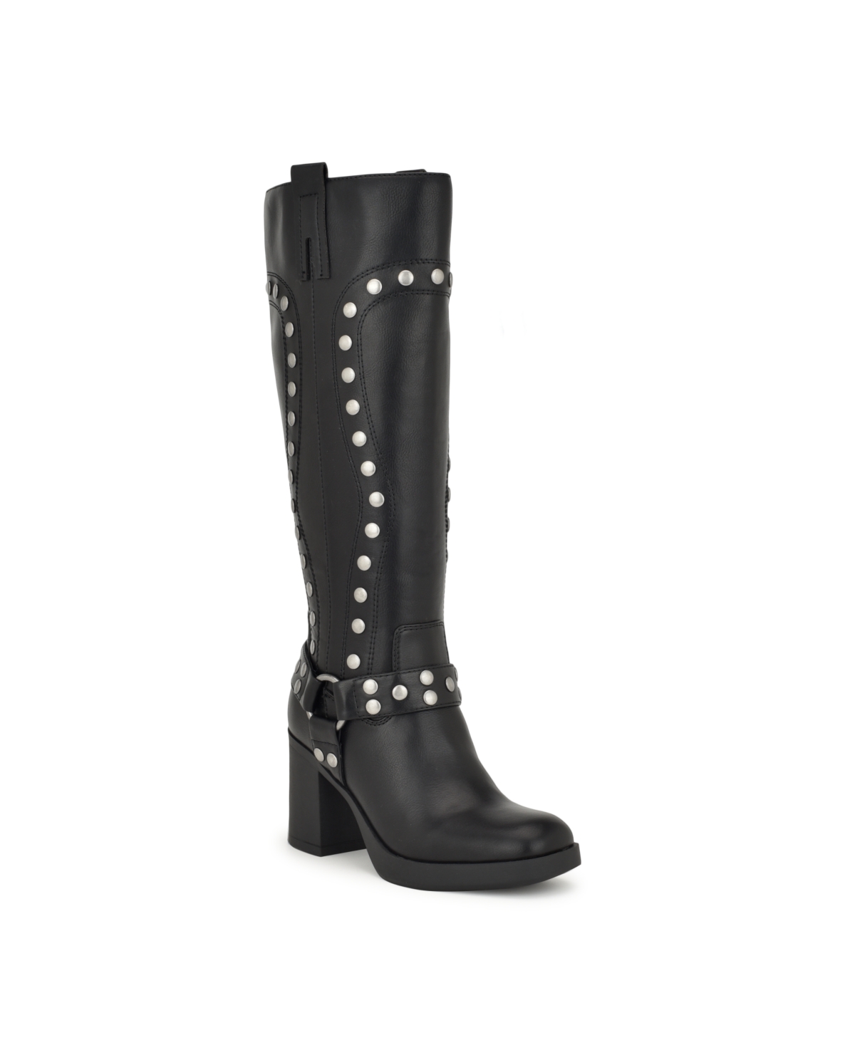Nine West Women's Cert Square Toe Block Heel Studded Knee-high Moto Boots In Black Smooth
