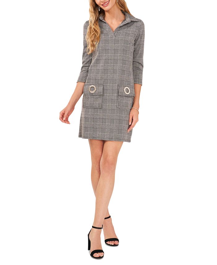 MSK Petite Grommet Pocket 3 4 Sleeve Plaid Dress Macy s