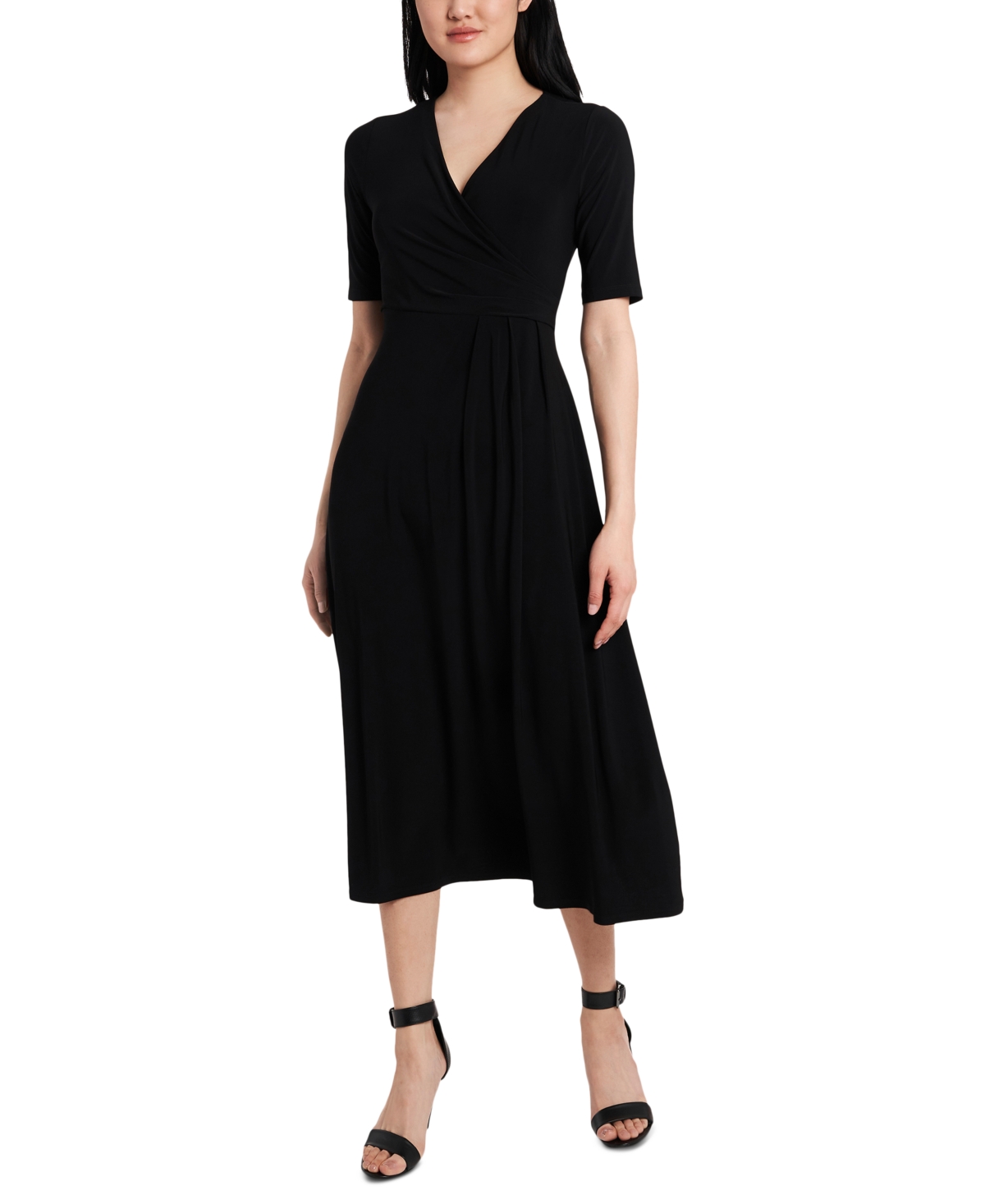 Msk Petite V-neck Short-sleeve Faux-wrap Midi Dress In Black