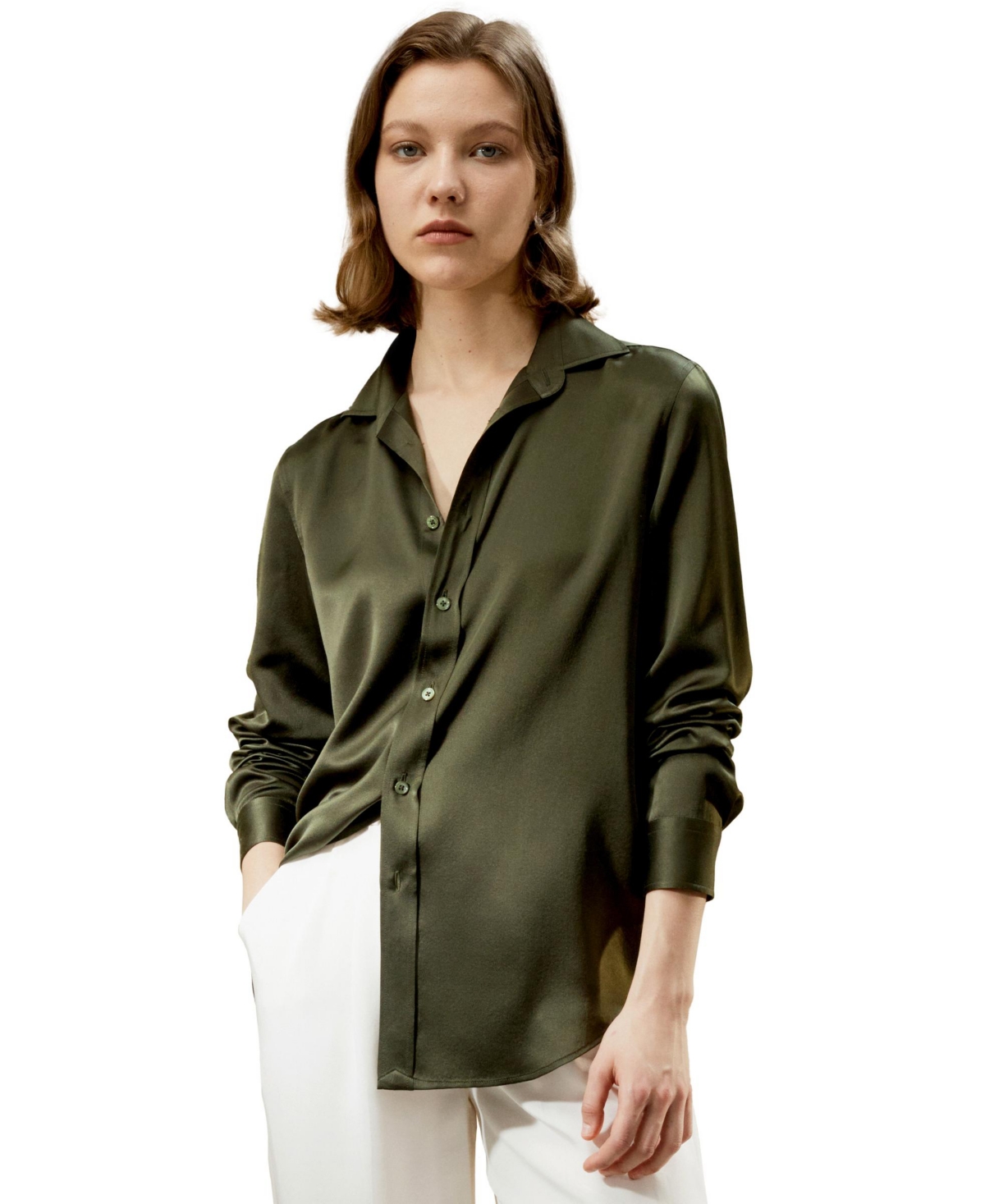 Women's Tailored Button Down Silk Shirt for Women - Dark olive