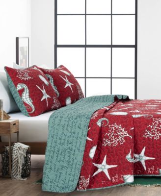 Shop Videri Home Festive Seahorse Reversible 3 Piece Quilt Set Collection In Red Multi